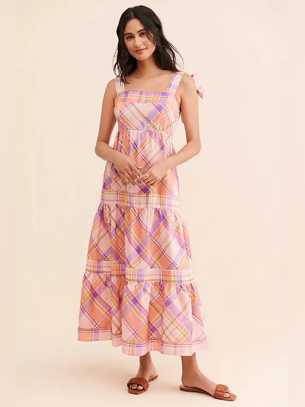 Kachel x Anthropologie Tie Strap Linen Maxi Dress Plaid Sz: XS